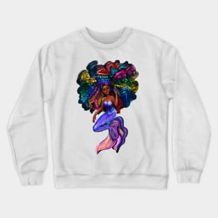 African American mermaid with flowing rainbow braids 2, brown eyes curly Afro hair and caramel brown skin Crewneck Sweatshirt